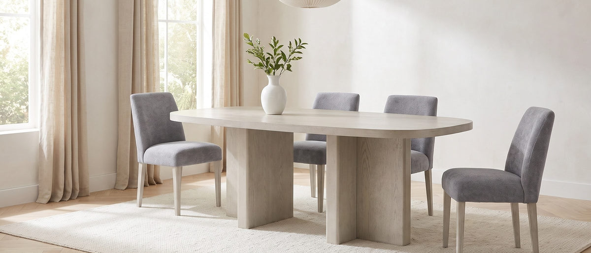 Laino 82-Inch Racetrack Oak Double Pedestal Dining Set with 4 Chairs in the room