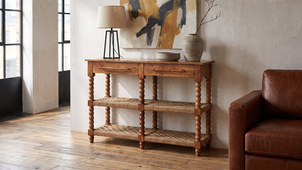 Warm wood, woven cord. - Laterza Mango Wood Spindle Console Table