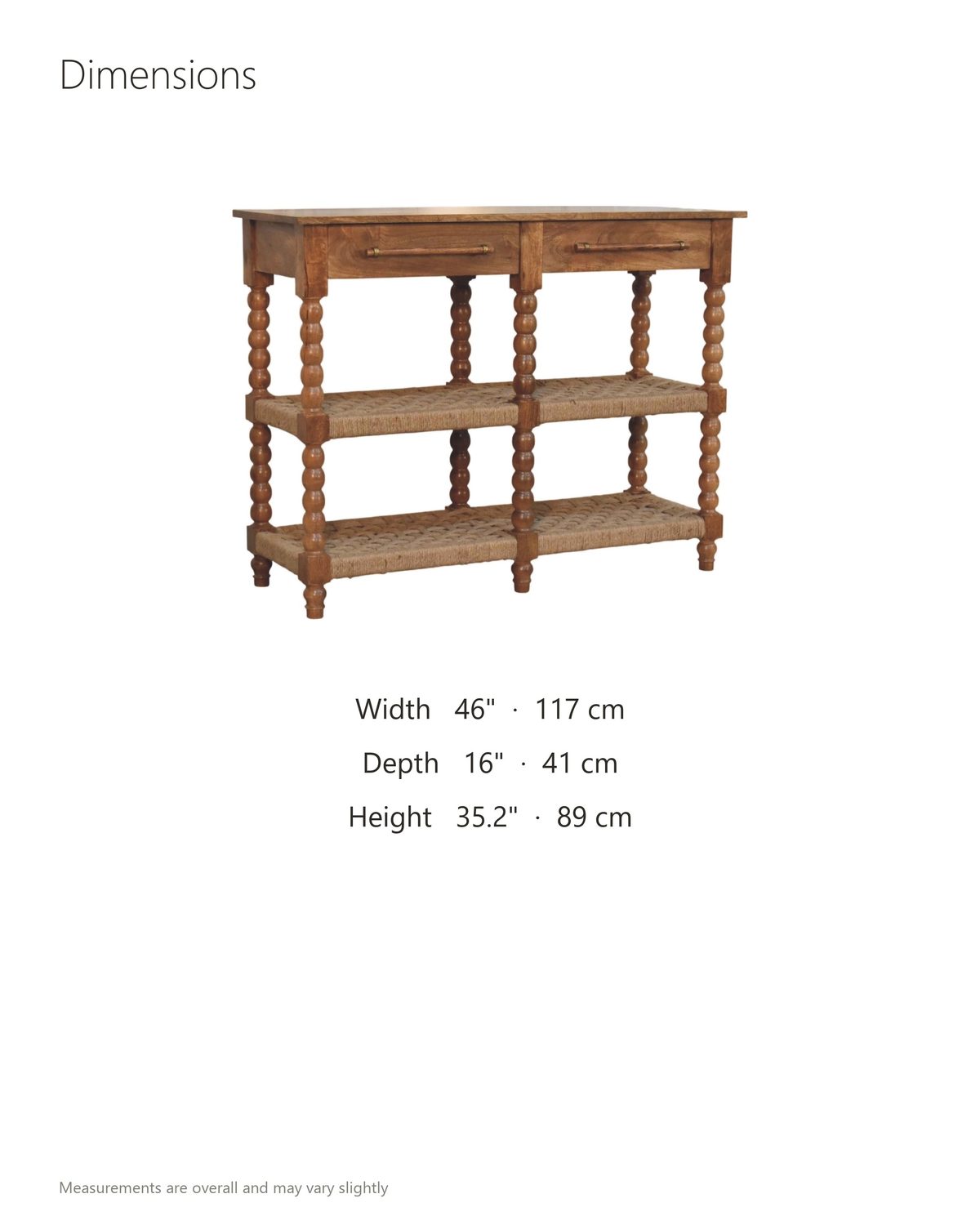 Laterza Mango Wood Spindle Console Table dimensions: 46 in wide, 16 in deep, 35.2 in high
