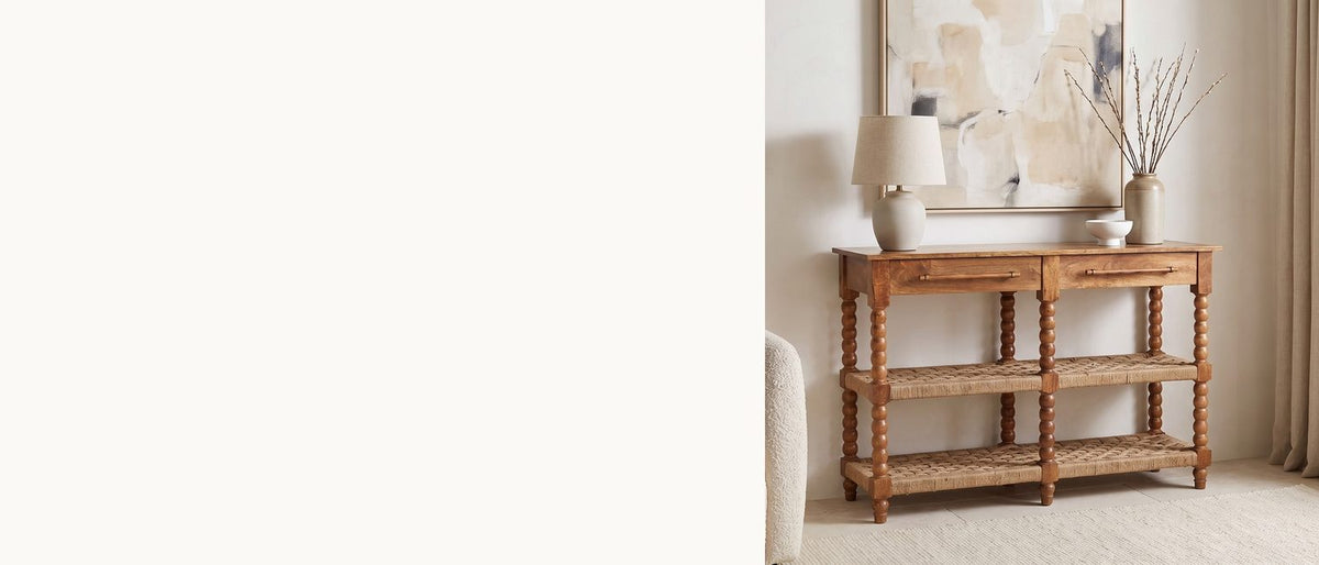 Two woven shelves, six bobbin legs. - Laterza Mango Wood Spindle Console Table