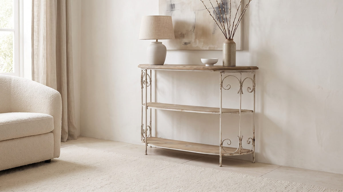 Cream iron, warm wood. - Latiano Fir and Scrolled Iron Three-Tier Console Table