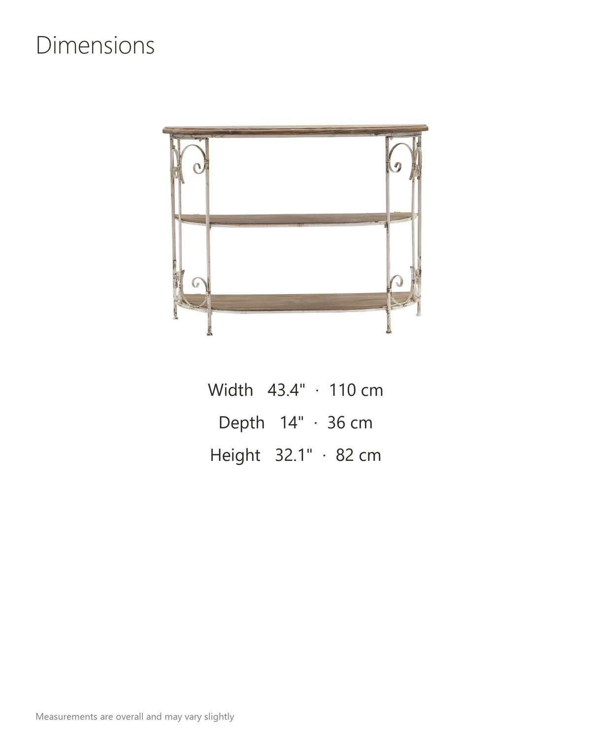 Latiano Fir and Scrolled Iron Three-Tier Console Table dimensions: 43.4 in wide, 14 in deep, 32.1 in high