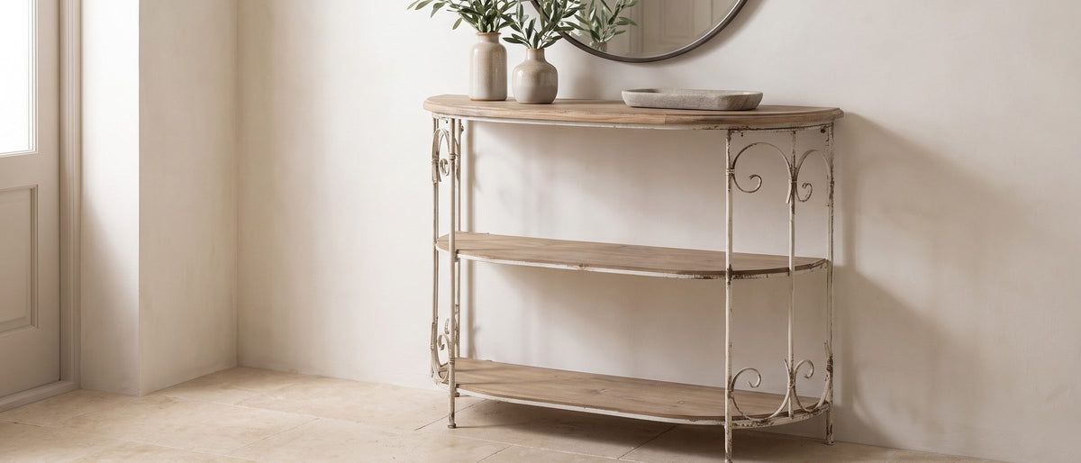 Latiano Fir and Scrolled Iron Three-Tier Console Table in the room