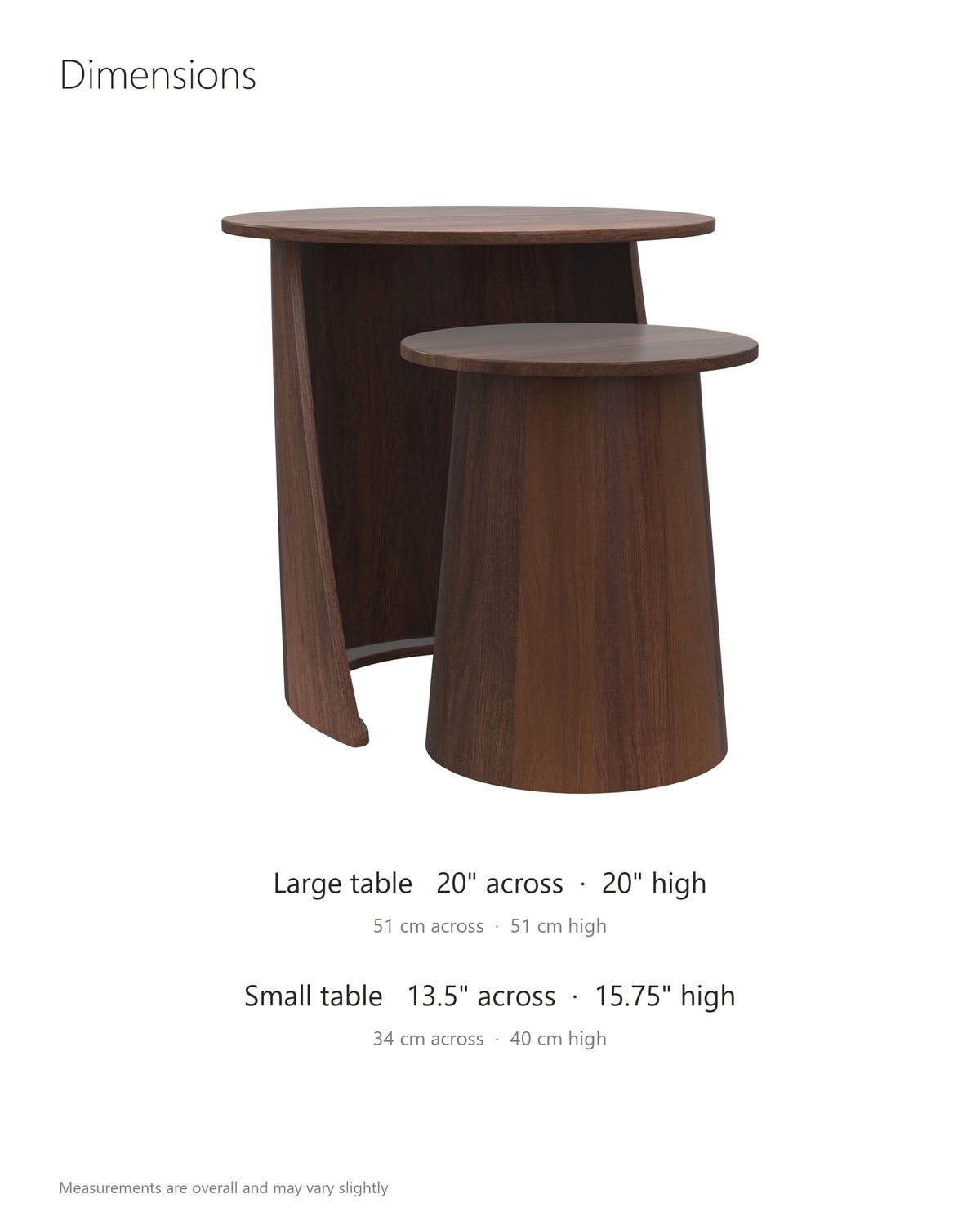 Laurenzana Dark Brown Mango Nesting Side Tables, Set of 2 dimensions: large table 20 in across and 20 in high, small table 13.5 in across and 15.75 in high