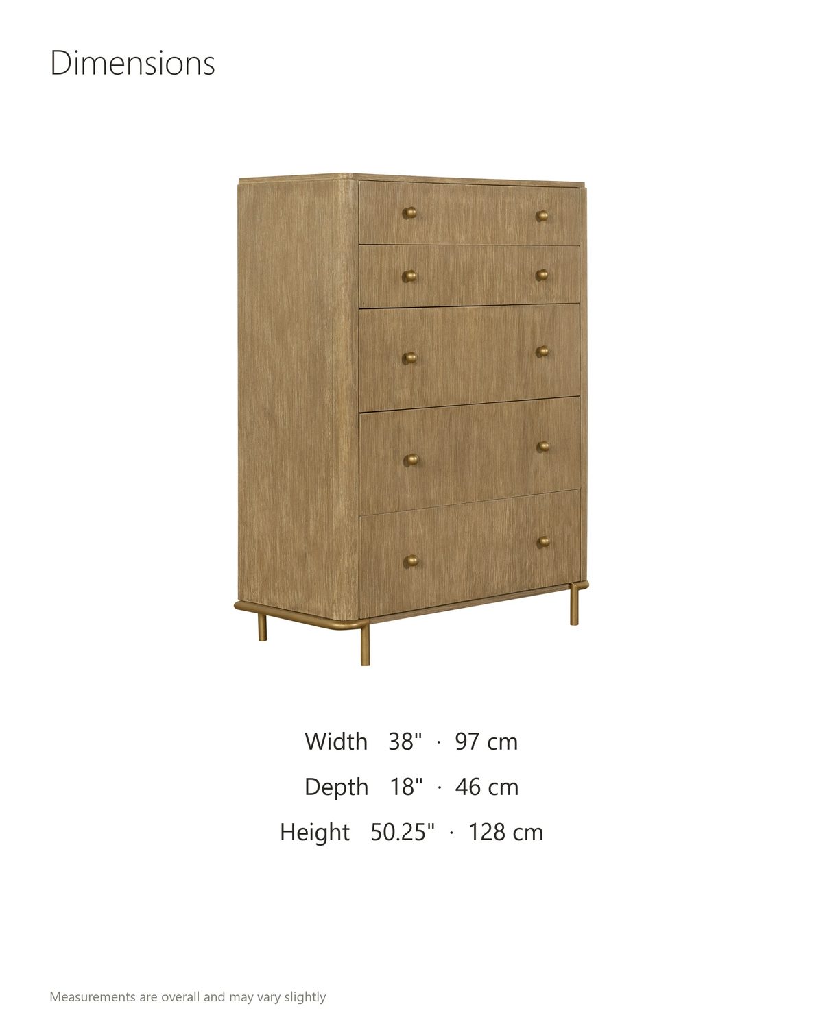 Lazise 38-Inch Sand Wash 5-Drawer Chest dimensions: 38 in wide, 18 in deep, 50.25 in high