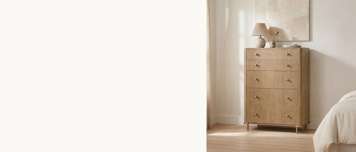 Tall and warm, on brass-finish legs. - Lazise 38-Inch Sand Wash 5-Drawer Chest