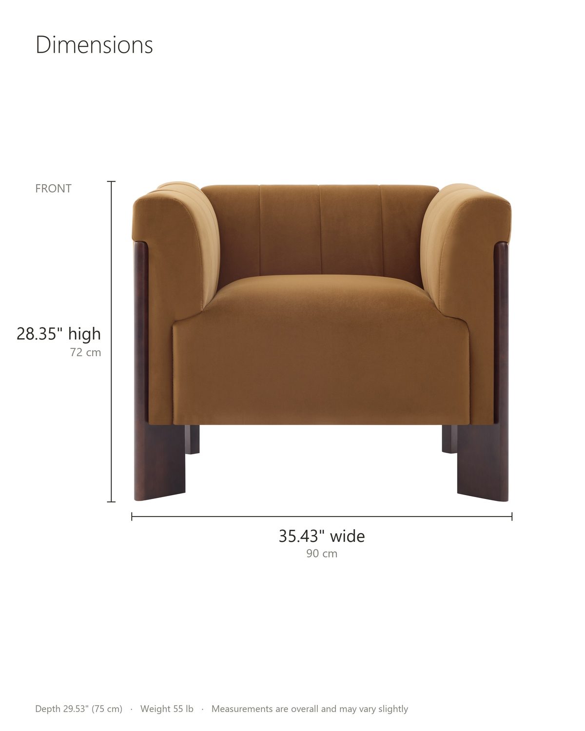 Lecce Channel Velvet Armchair dimensions: 35.43 in wide, 29.53 in deep, 28.35 in high