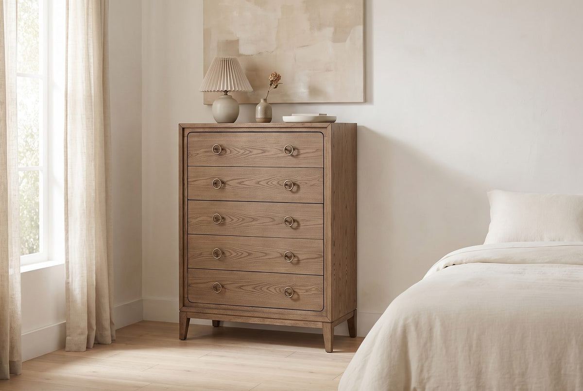 One latte finish, one bedroom. - Legnago 40-Inch Latte Elm 5-Drawer Chest
