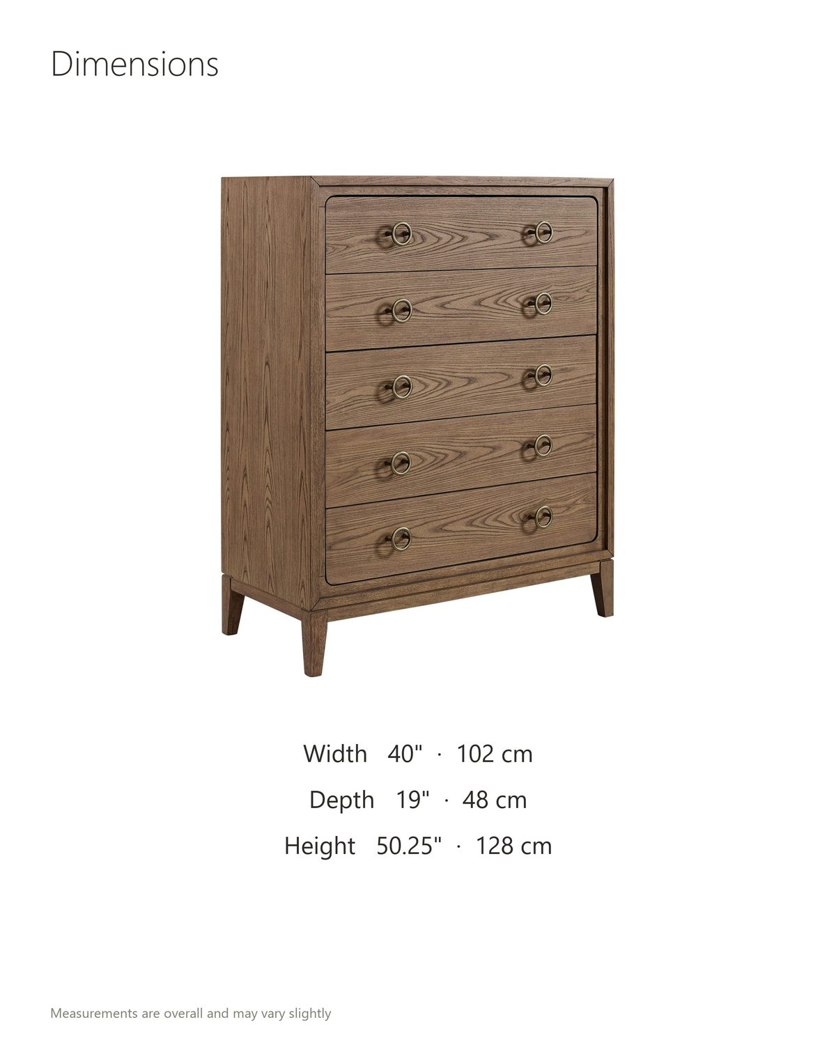 Legnago 40-Inch Latte Elm 5-Drawer Chest dimensions: 40 in wide, 19 in deep, 50.25 in high