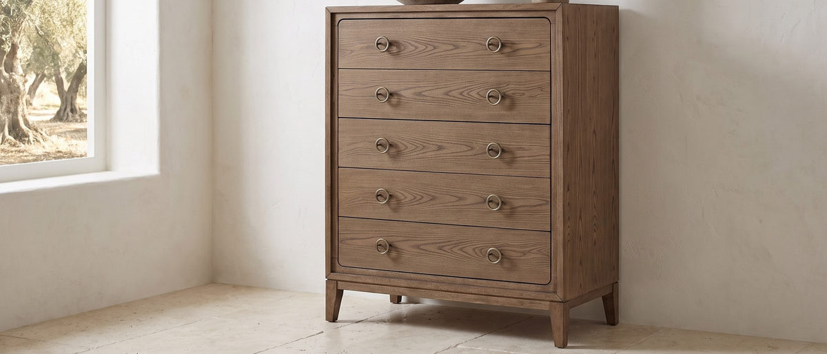 Legnago 40-Inch Latte Elm 5-Drawer Chest in the room