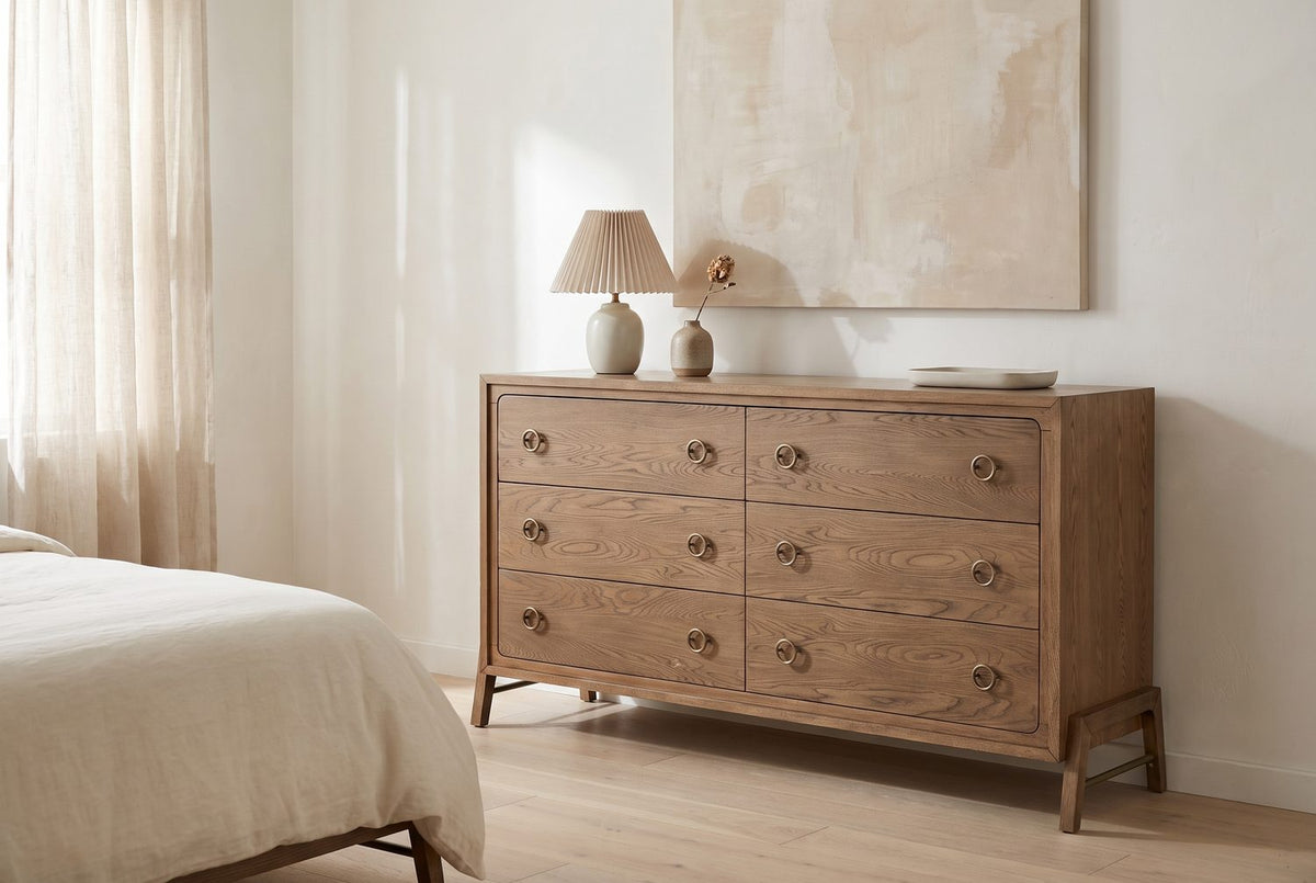 Warm brown, a glint of brass. - Lendinara 66-Inch Latte Elm 6-Drawer Dresser