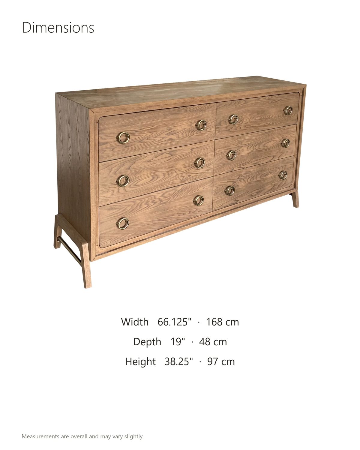 Lendinara 66-Inch Latte Elm 6-Drawer Dresser dimensions: 66.12 in wide, 19 in deep, 38.25 in high