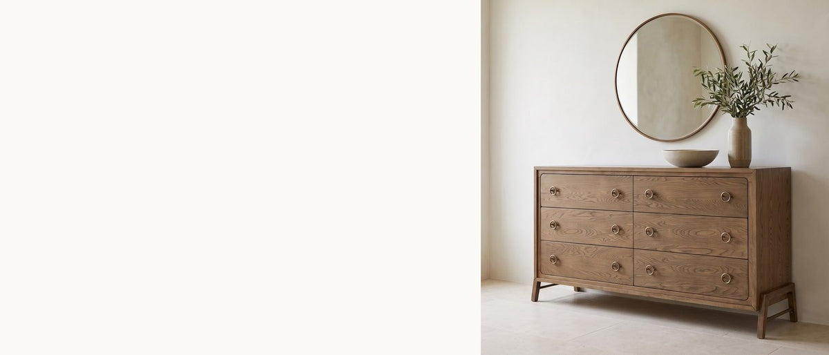 Latte elm, brass-tied legs. - Lendinara 66-Inch Latte Elm 6-Drawer Dresser