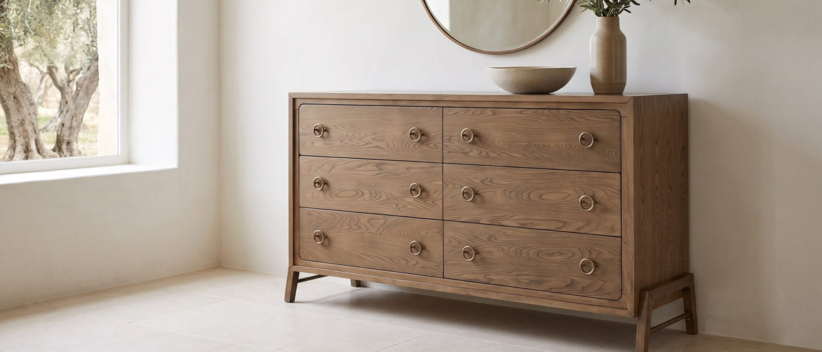 Lendinara 66-Inch Latte Elm 6-Drawer Dresser in the room