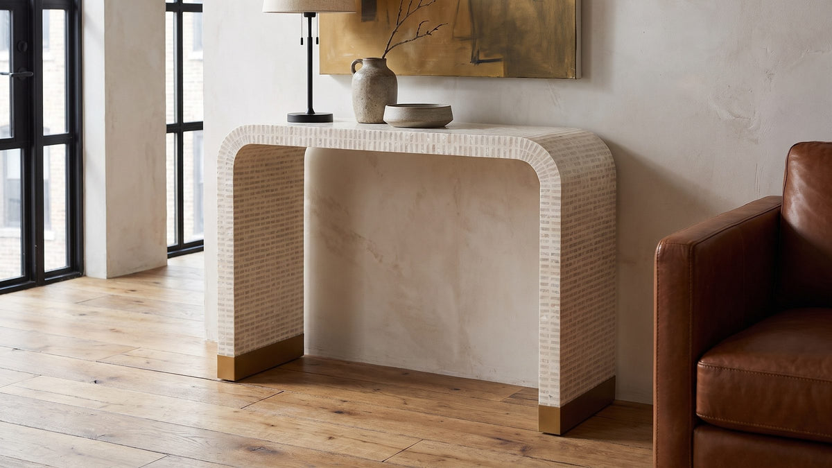 A band of white shell. - Leporano Capiz Shell Waterfall Console Table