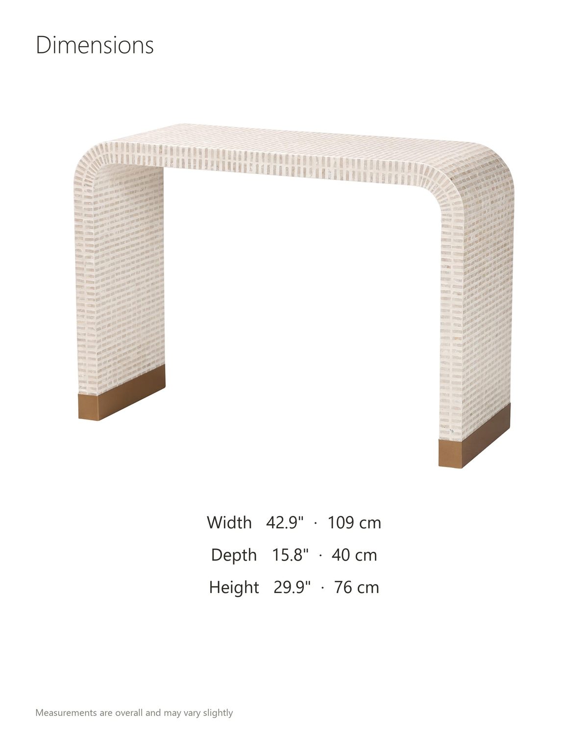 Leporano Capiz Shell Waterfall Console Table dimensions: 42.9 in wide, 15.8 in deep, 29.9 in high