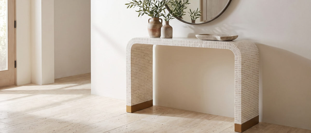 Leporano Capiz Shell Waterfall Console Table in the room