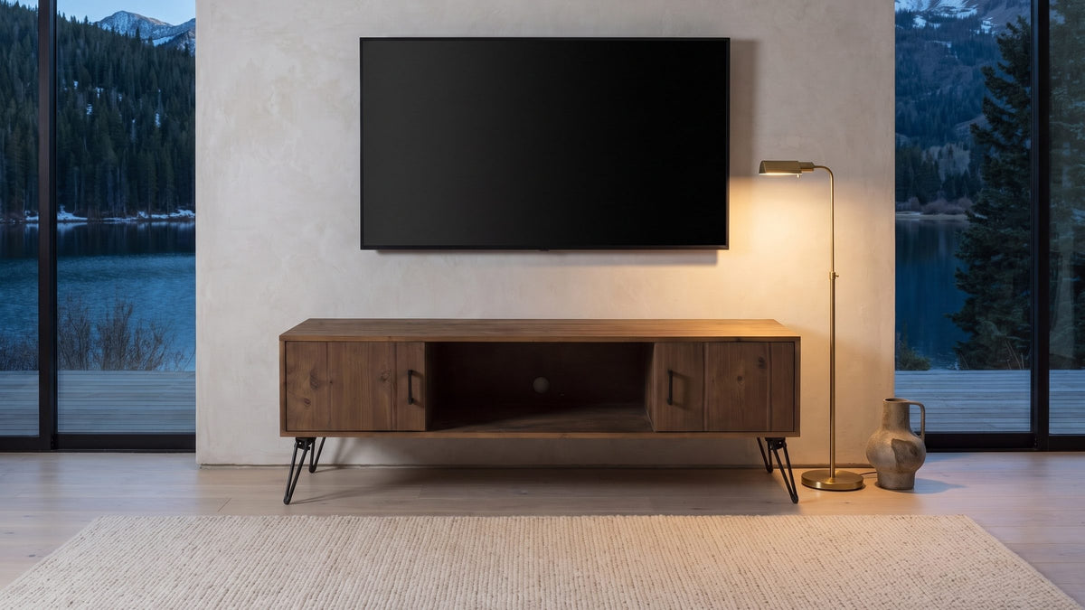 Plank and steel, after dark. - Lerici 60-Inch Reclaimed Wood Hairpin Leg Media Console