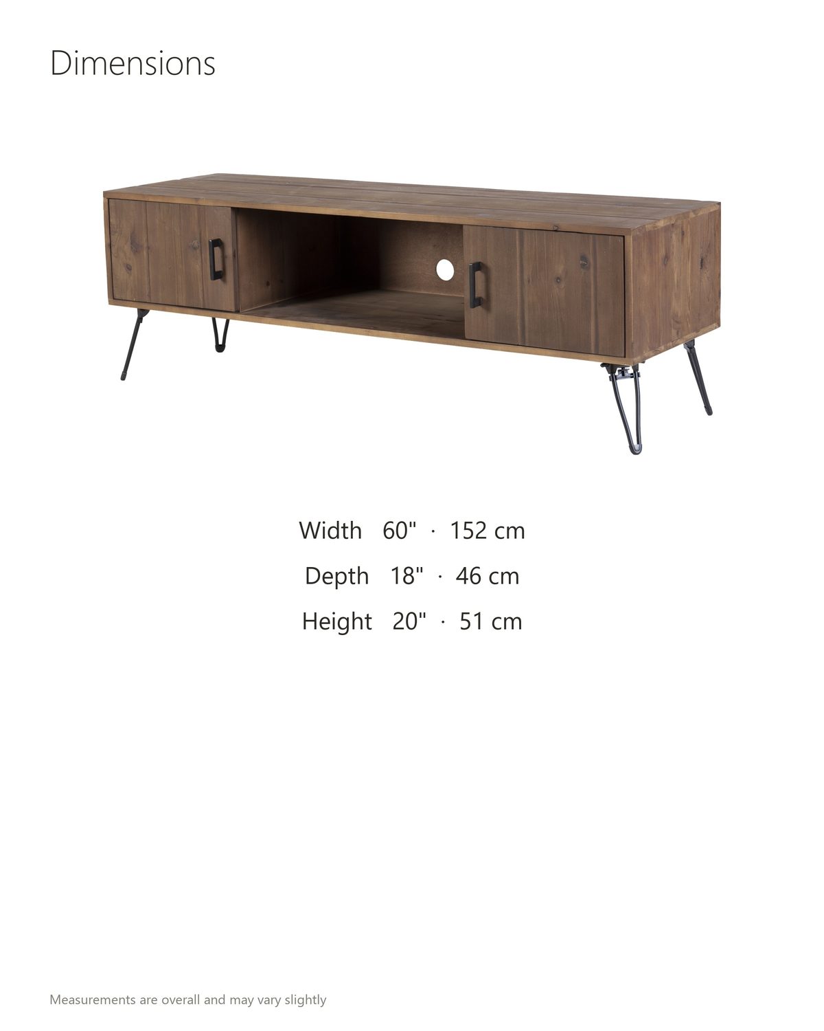 Lerici 60-Inch Reclaimed Wood Hairpin Leg Media Console dimensions: 60 in wide, 18 in deep, 20 in high