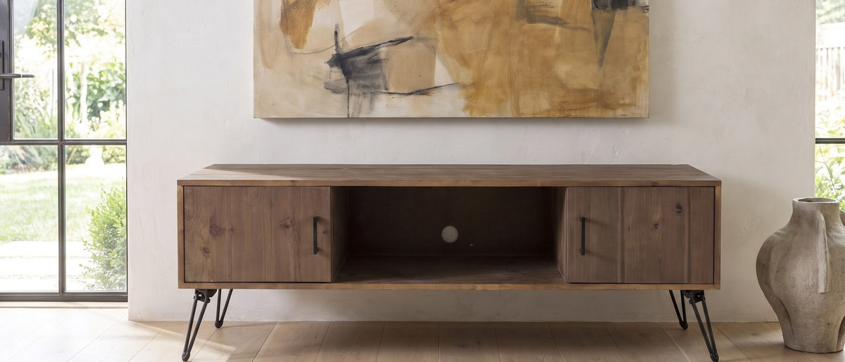 Lerici 60-Inch Reclaimed Wood Hairpin Leg Media Console in the room