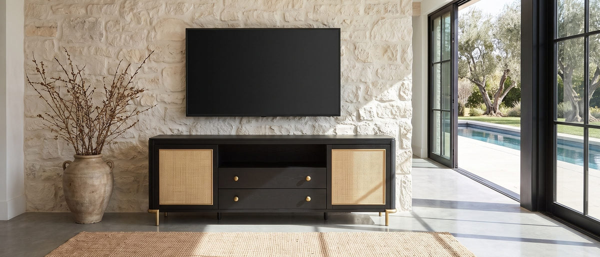 Stone, rattan, black and brass. - Levanto 80-Inch Black Ash and Rattan Media Console
