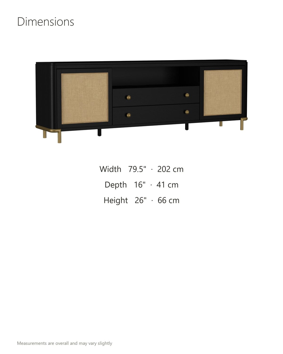 Levanto 80-Inch Black Ash and Rattan Media Console dimensions: 79.5 in wide, 16 in deep, 26 in high