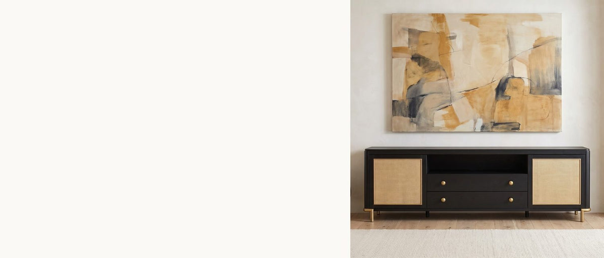 Black ash, woven rattan. - Levanto 80-Inch Black Ash and Rattan Media Console