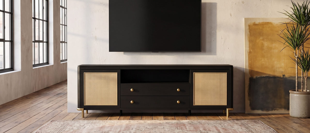 Levanto 80-Inch Black Ash and Rattan Media Console in the room