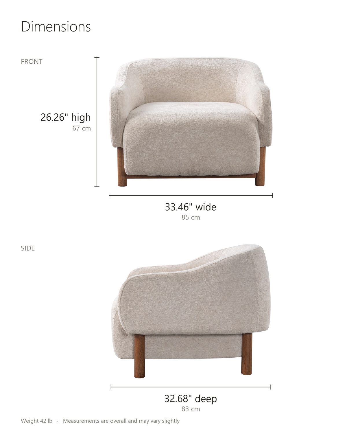Lido Curved Shell Lounge Chair dimensions: 33.46 in wide, 32.68 in deep, 26.26 in high
