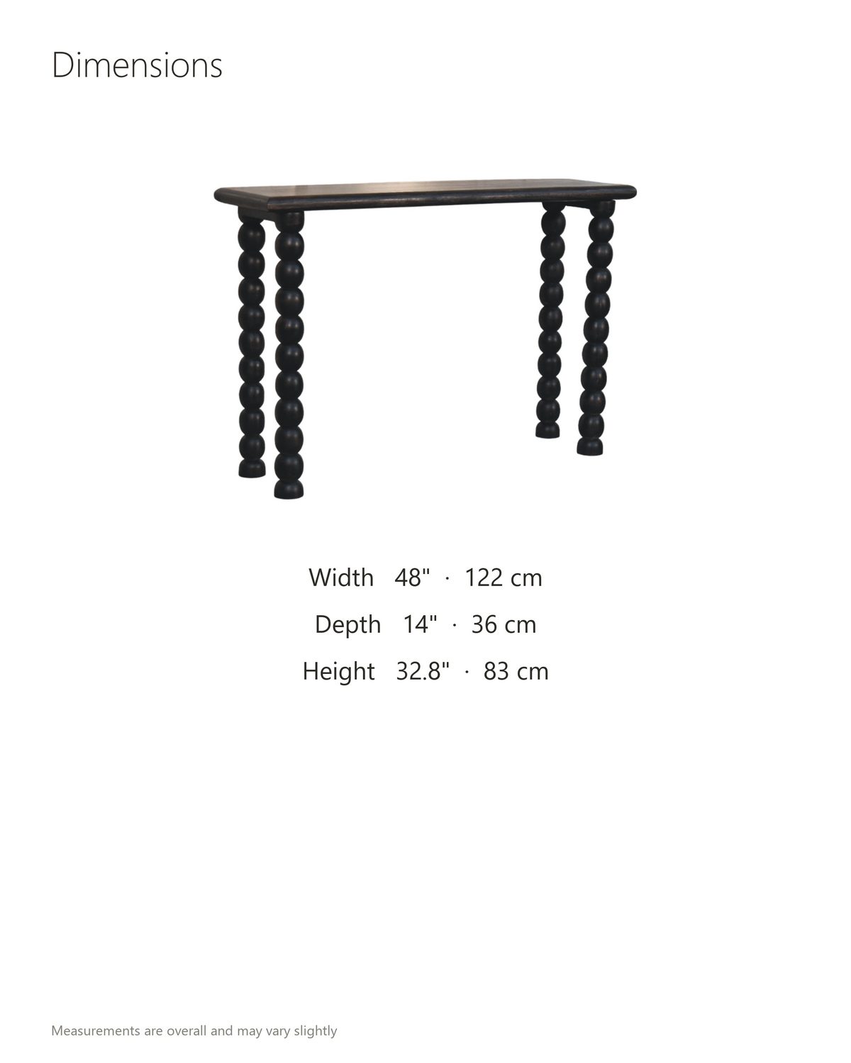 Lizzano Black Mango Wood Bobbin Console Table dimensions: 48 in wide, 14 in deep, 32.8 in high