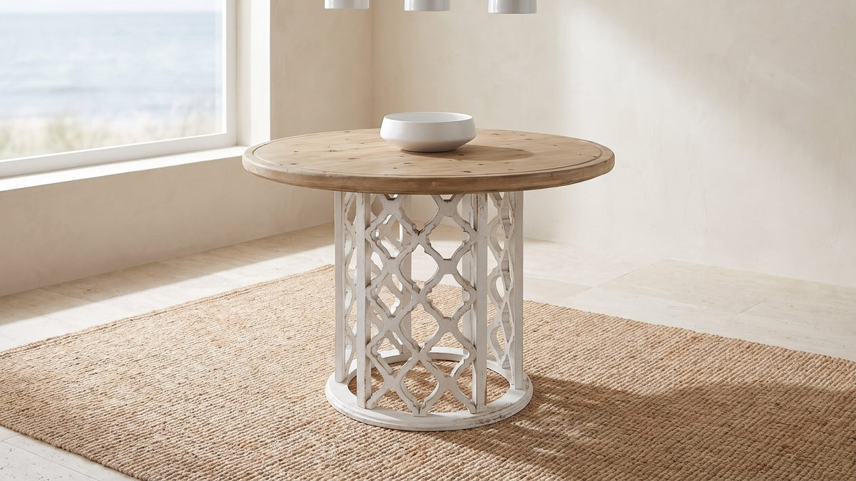 Warm fir, weathered white. - Locri 47-Inch Round Fir Lattice Pedestal Dining Table