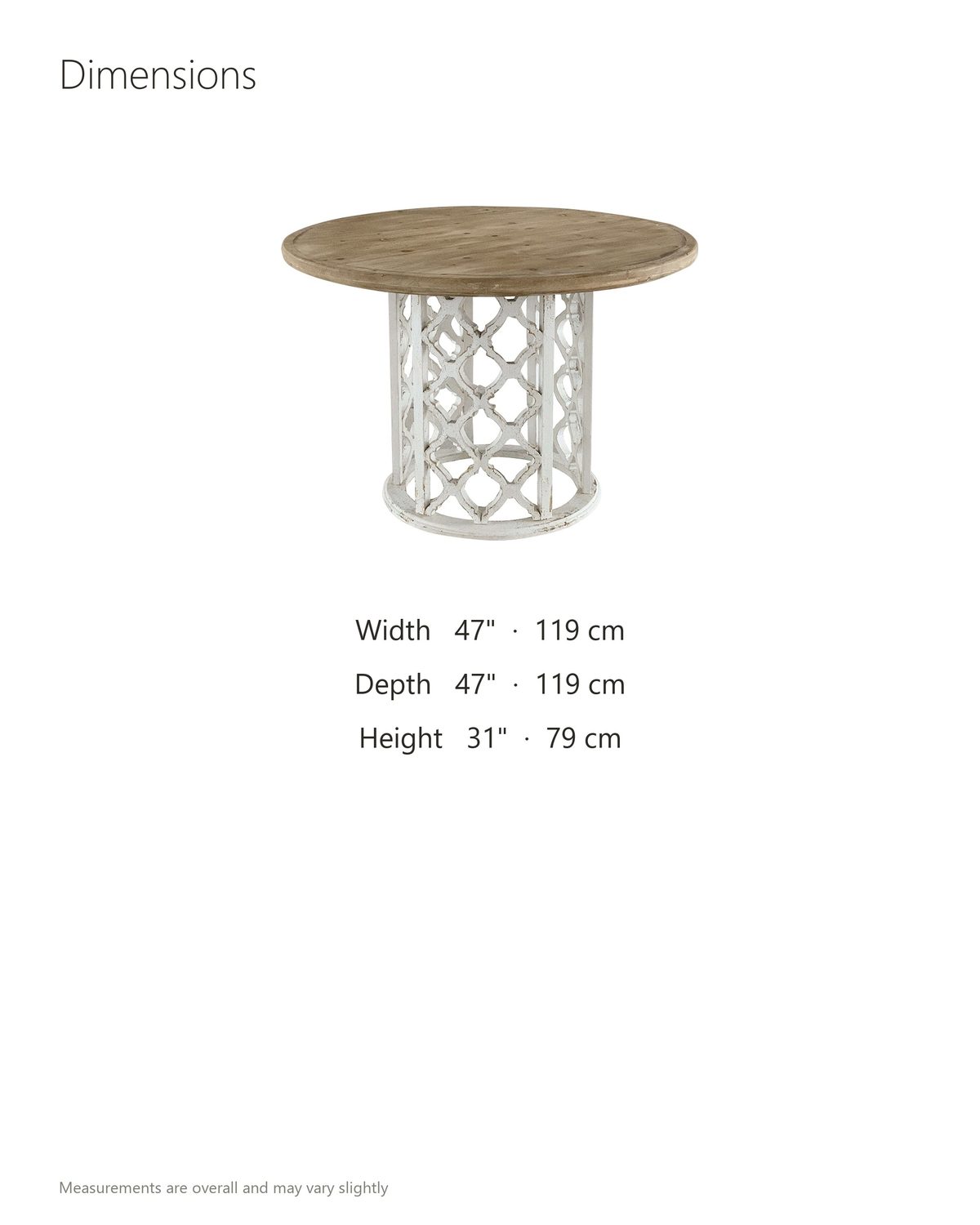 Locri 47-Inch Round Fir Lattice Pedestal Dining Table dimensions: 47 in across and 31 in high