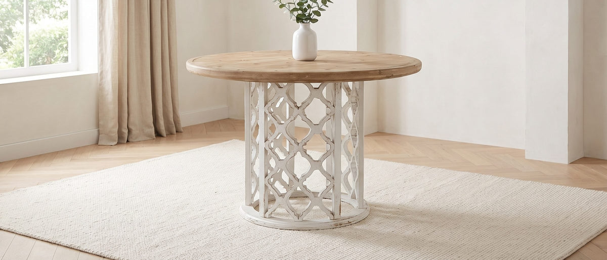 Locri 47-Inch Round Fir Lattice Pedestal Dining Table in the room