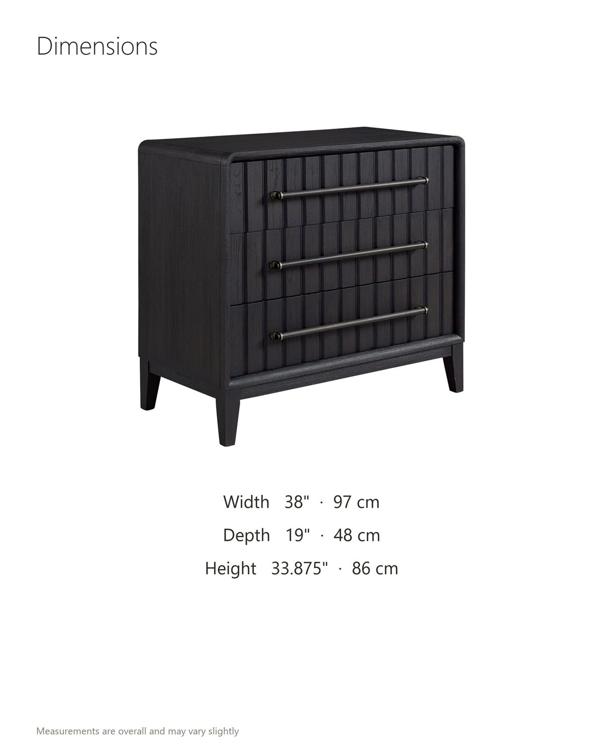Lonigo 38-Inch Peppercorn 3-Drawer Chest dimensions: 38 in wide, 19 in deep, 33.88 in high