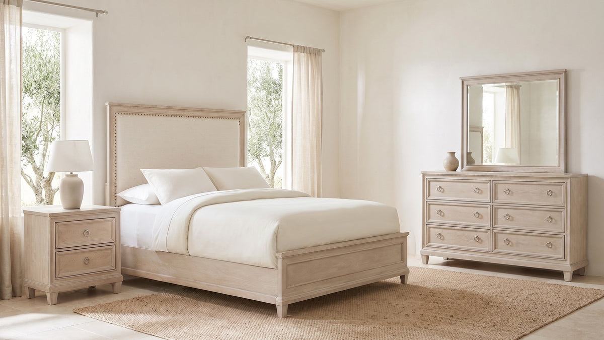 Pale oak, nickel shine. - Loreto Washed Oak Upholstered Bedroom Set