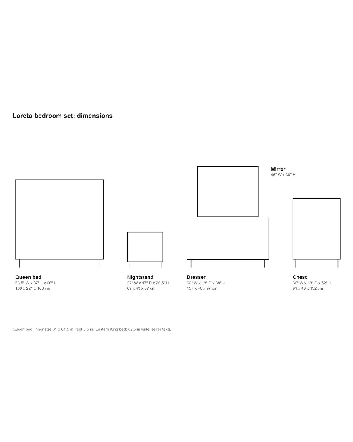 Loreto Washed Oak Upholstered Bedroom Set dimensions