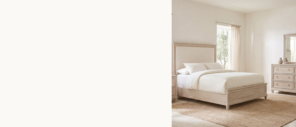 Washed oak, framed and bright. - Loreto Washed Oak Upholstered Bedroom Set