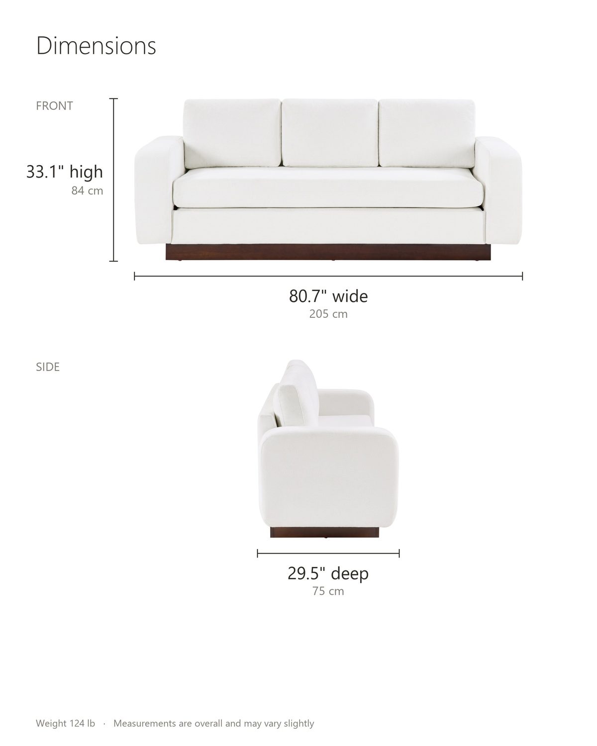 Lucca Plinth-Base Sofa dimensions: 80.7 in wide, 29.5 in deep, 33.1 in high