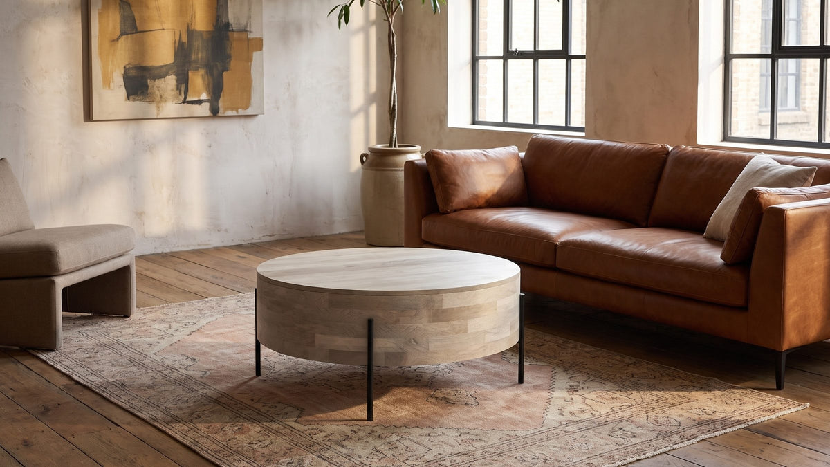 Pale wood, a fine black line. - Lucignano Whitewashed Mango Drum Coffee Table