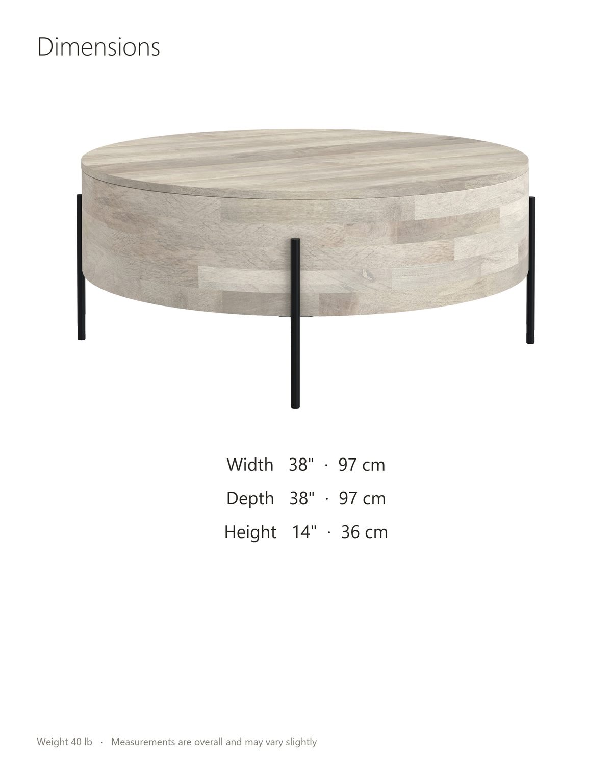 Lucignano Whitewashed Mango Drum Coffee Table dimensions: 38 in wide, 38 in deep, 14 in high