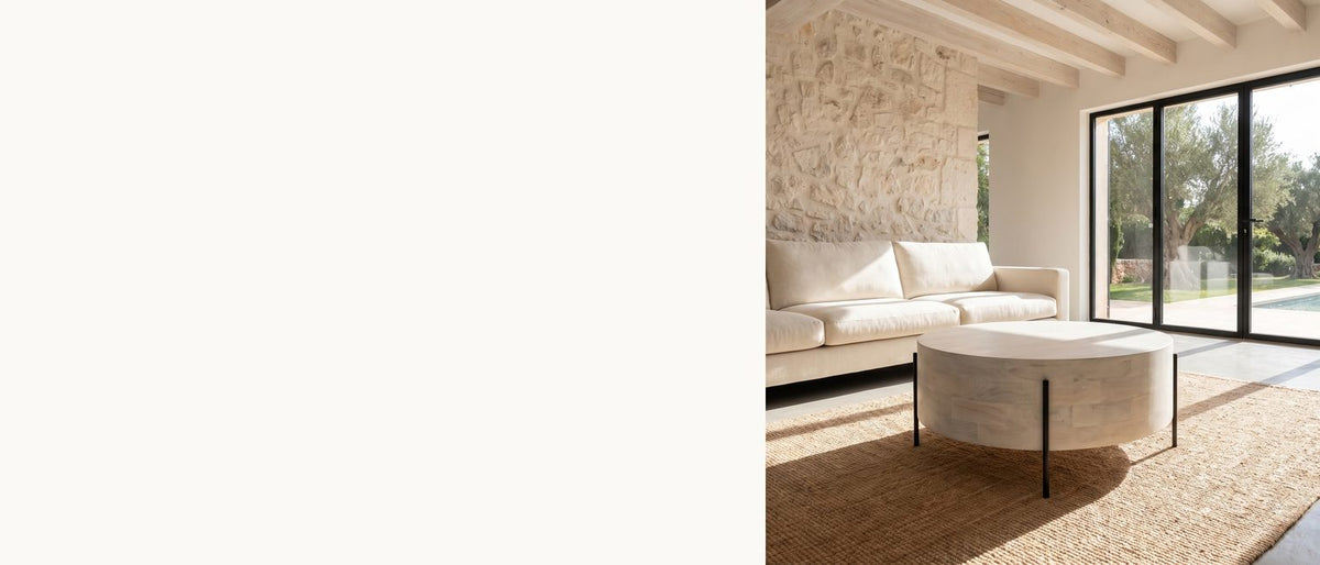 A pale drum, lifted. - Lucignano Whitewashed Mango Drum Coffee Table
