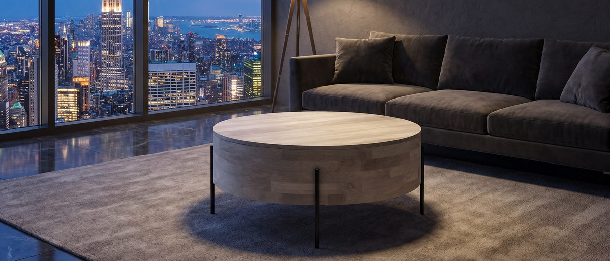 Lucignano Whitewashed Mango Drum Coffee Table in the room