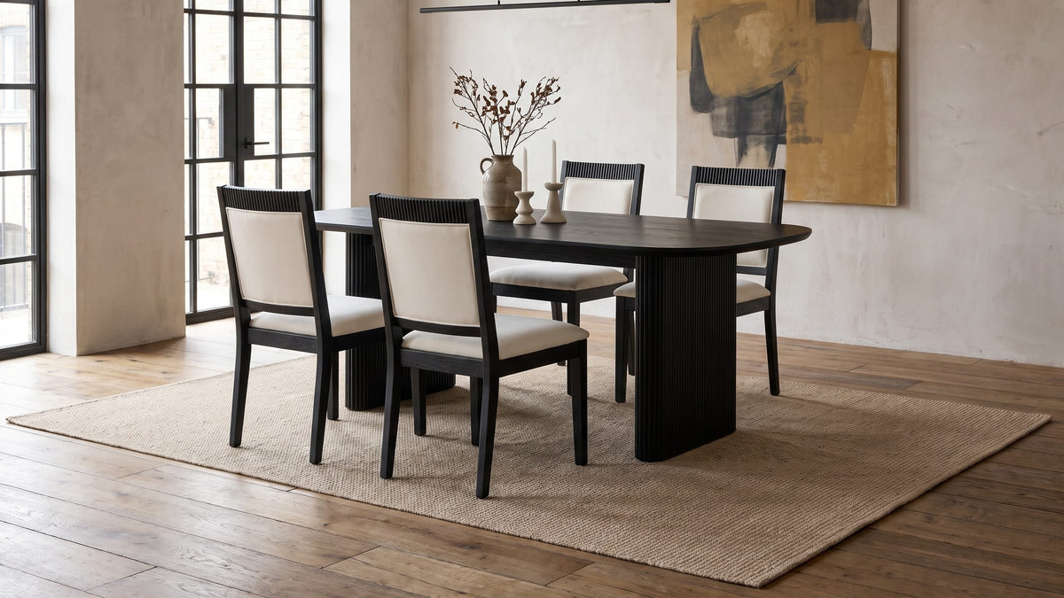 Black oak, ivory fabric. - Lungro 82-Inch Reeded Black Oak Extension Dining Set with 4 Chairs