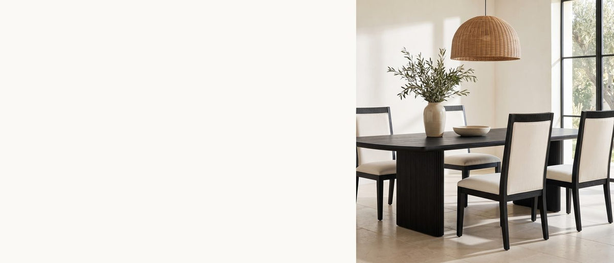 Reeded slabs, ivory seats. - Lungro 82-Inch Reeded Black Oak Extension Dining Set with 4 Chairs