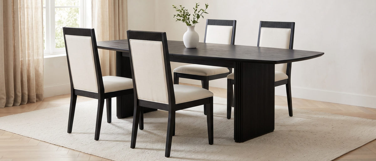 Lungro 82-Inch Reeded Black Oak Extension Dining Set with 4 Chairs in the room