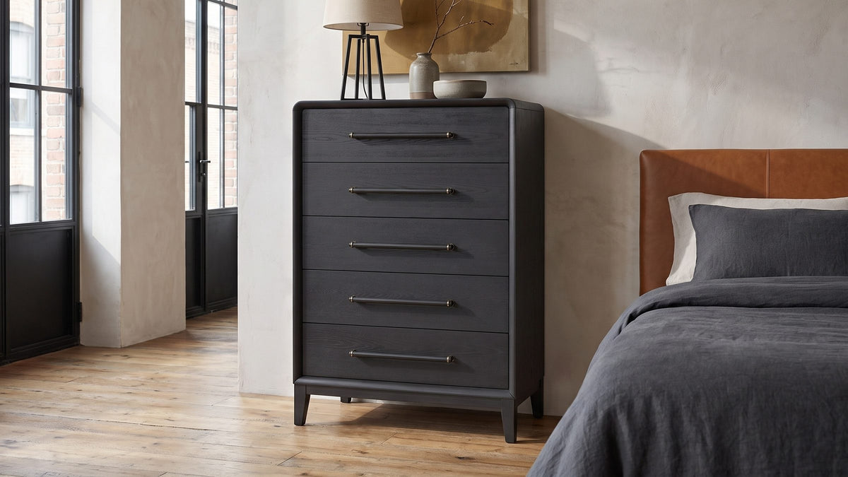 Dark wood, bright brass. - Lusiana 35-Inch Peppercorn Black 5-Drawer Chest