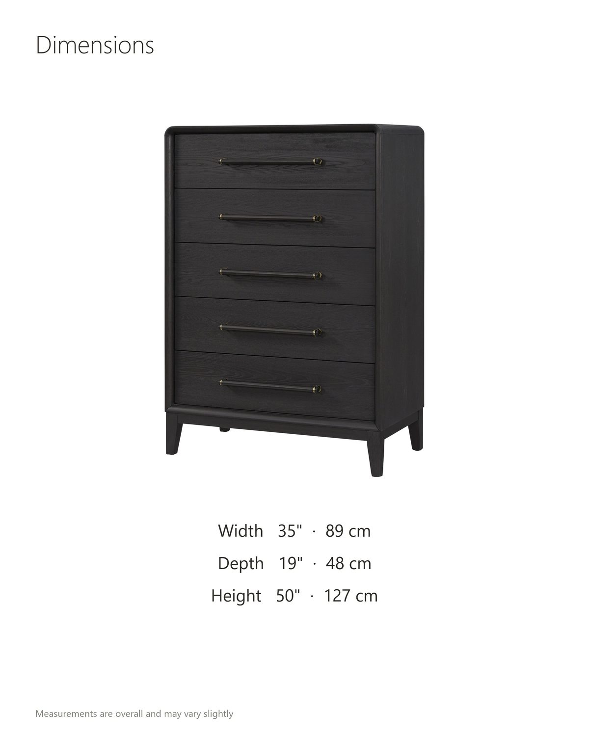 Lusiana 35-Inch Peppercorn Black 5-Drawer Chest dimensions: 35 in wide, 19 in deep, 50 in high