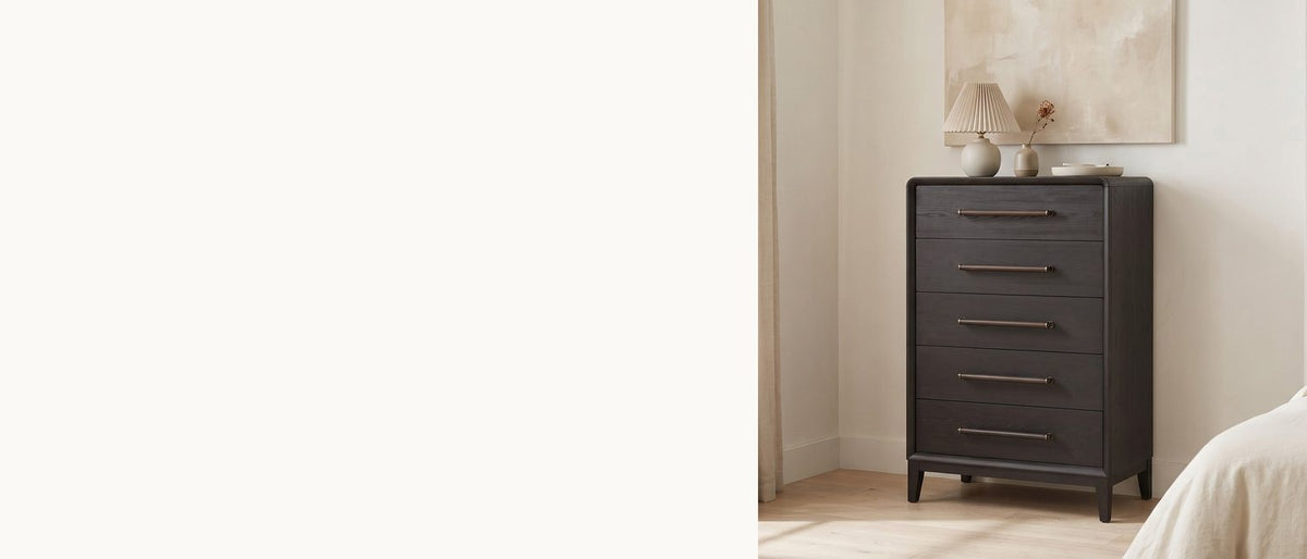 Near-black elm, brass-bright loops. - Lusiana 35-Inch Peppercorn Black 5-Drawer Chest