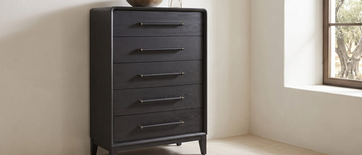 Lusiana 35-Inch Peppercorn Black 5-Drawer Chest in the room