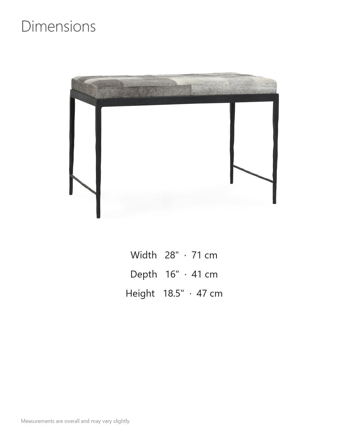 Luzzi 28-Inch Gray Hair-on-Hide Patchwork Iron Bench, Seats 1 dimensions